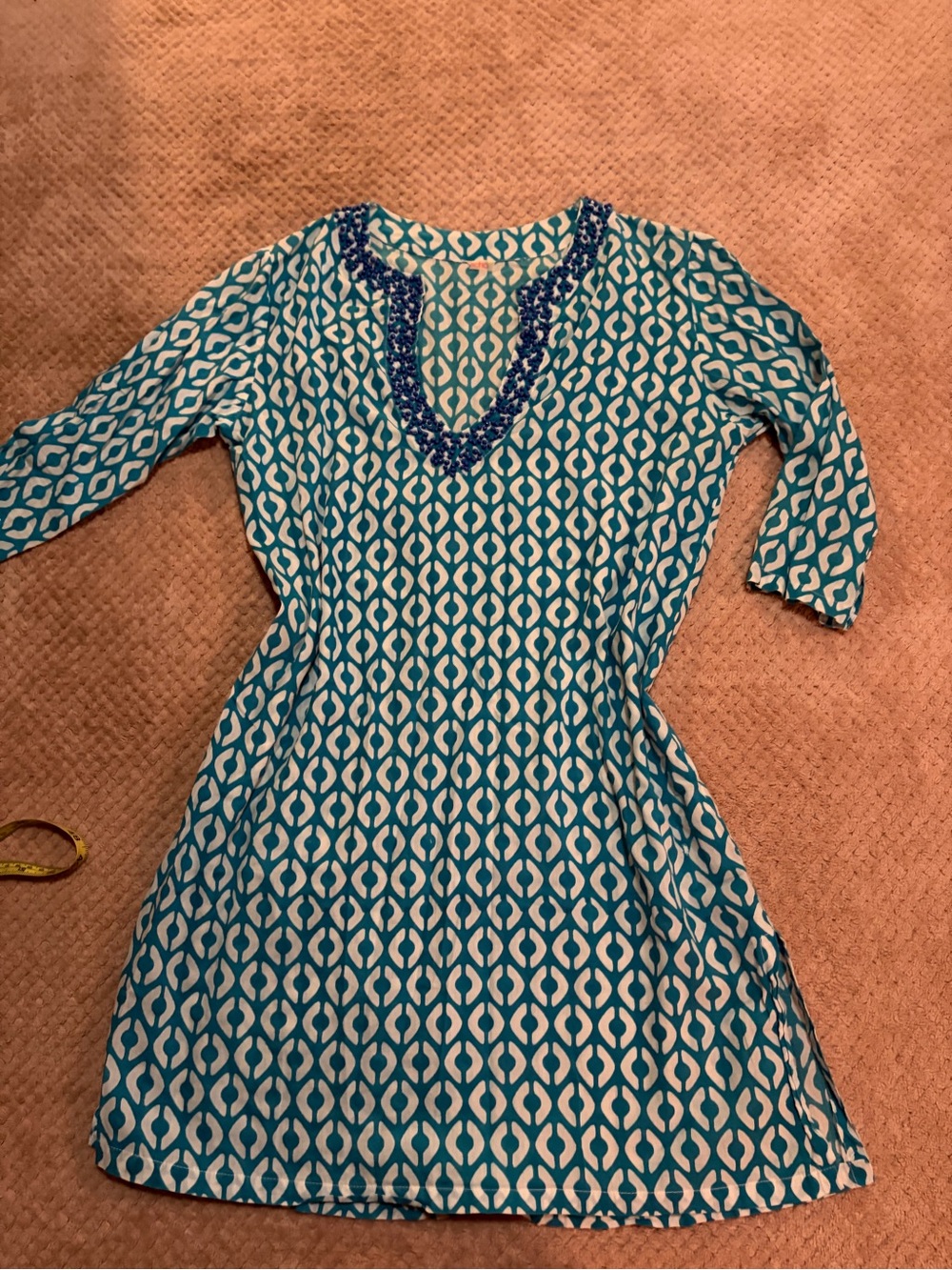 Echo Teal and White Printed V-Neck Long Sleeve Dress with Embellished Neckline